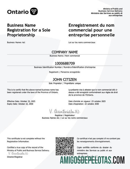 Certificado realista de registro de nome comercial do Canadá Ontário modelo Word e PDF